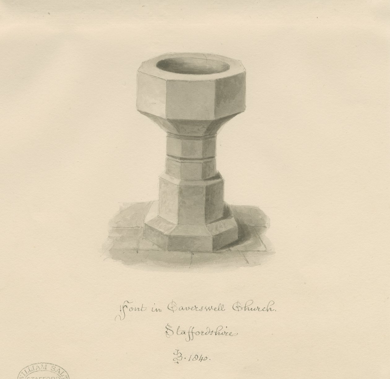 Font i Caverswall Church: sepia-tegning, 1840 av John Buckler