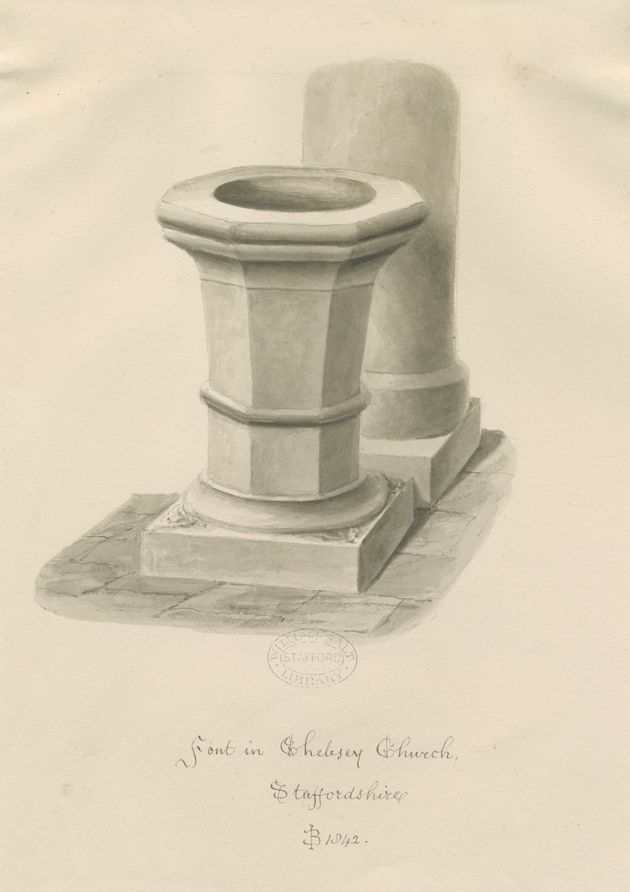 Font i Chebsey Church: sepia-tegning av John Buckler