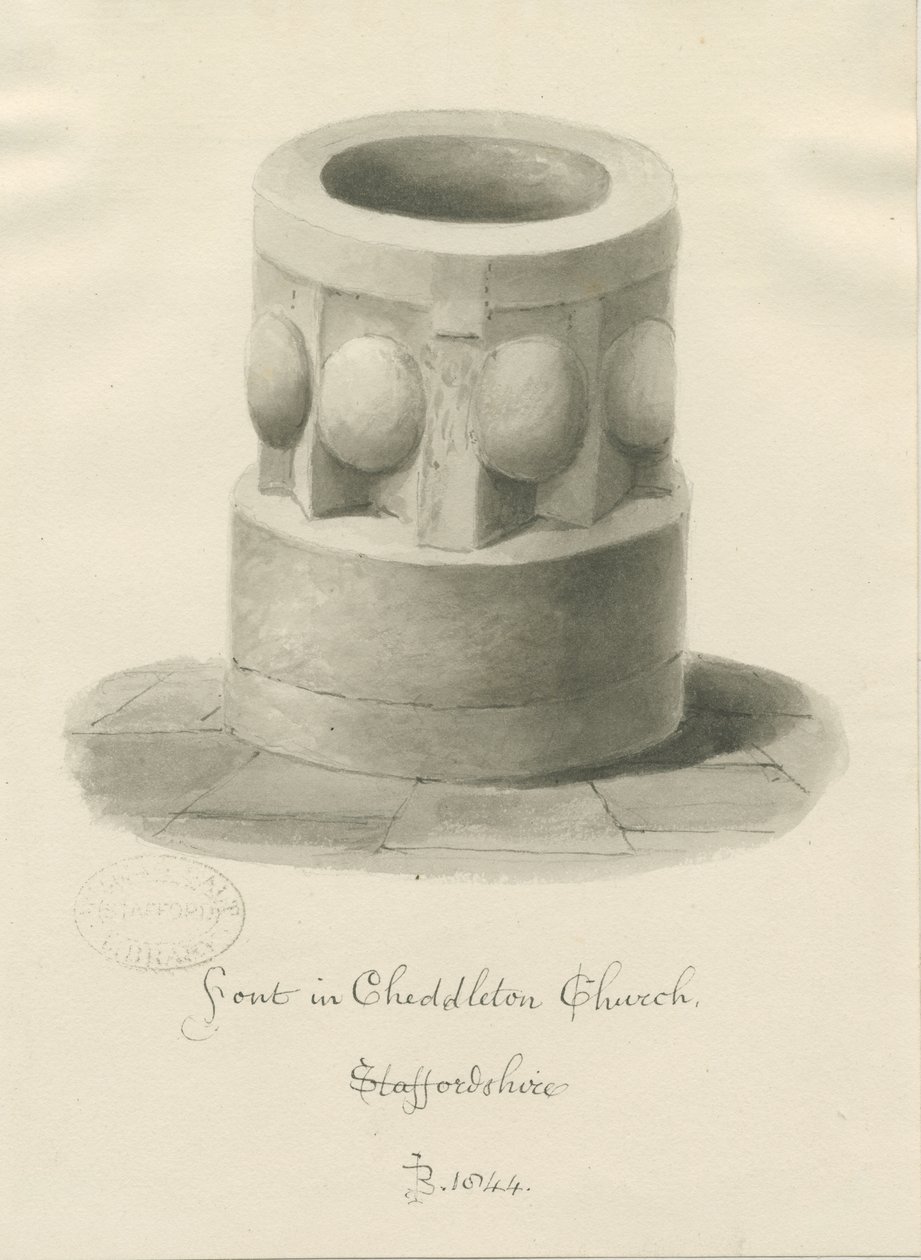 Font i Cheddleton Church: sepia-tegning, 1844 av John Buckler