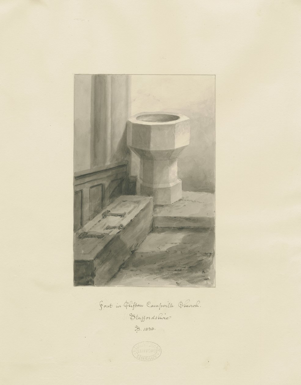 Font i Clifton Campville Church: sepia-tegning av John Buckler