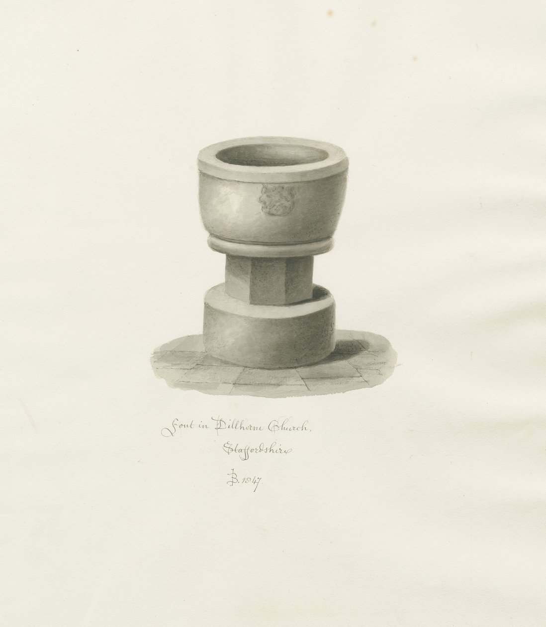Font i Dilhorne kirke: sepia-tegning, 1847 av John Buckler