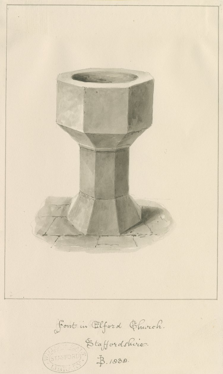 Font i Elford Church: sepia-tegning av John Buckler