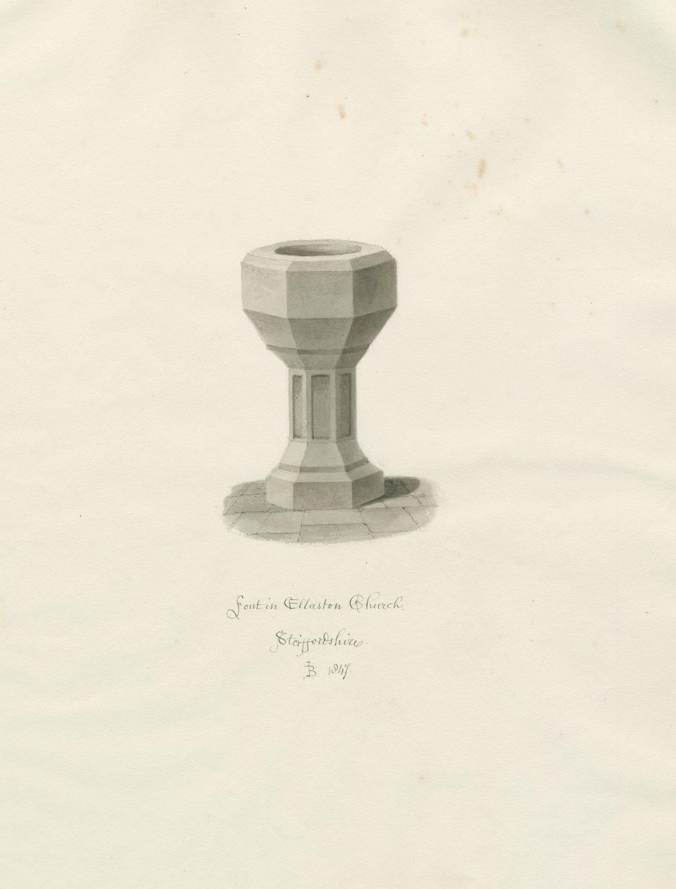 Font i Ellastone Church: sepia-tegning av John Buckler