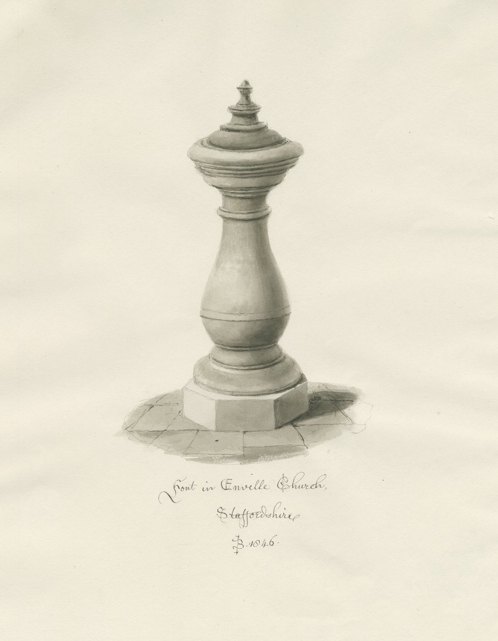 Font i Enville kirke: sepia-tegning av John Buckler