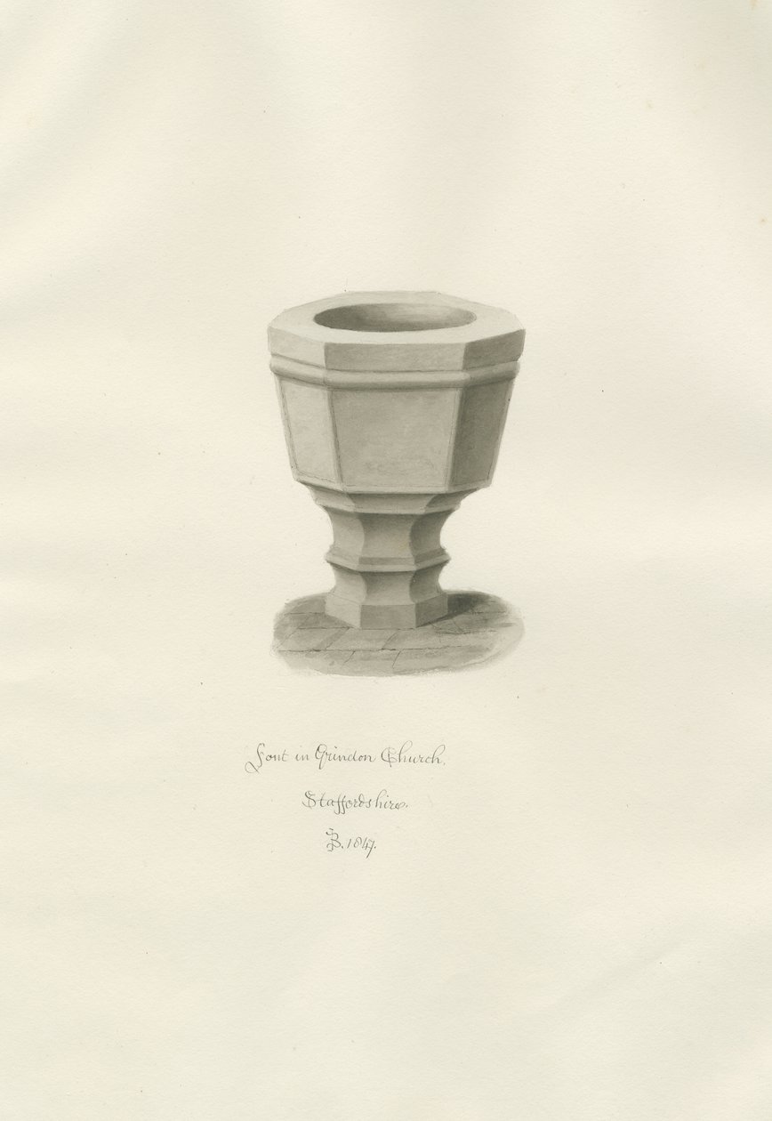 Font i Grindon Church: sepia-tegning av John Buckler