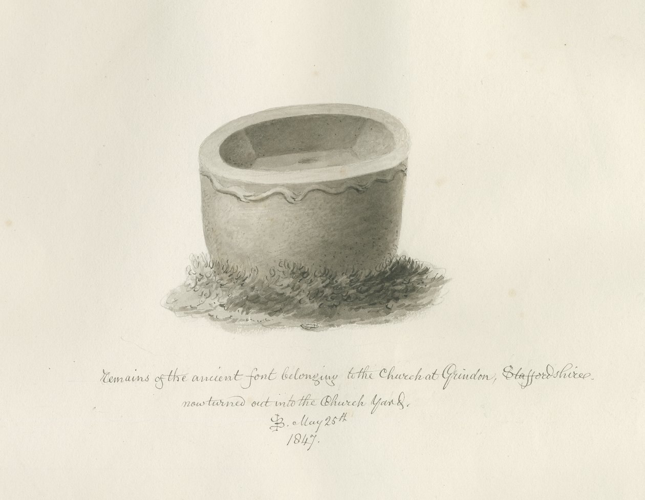 Font i Grindon Church: sepia-tegning, 25. mai 1847 (tegning) av John Buckler