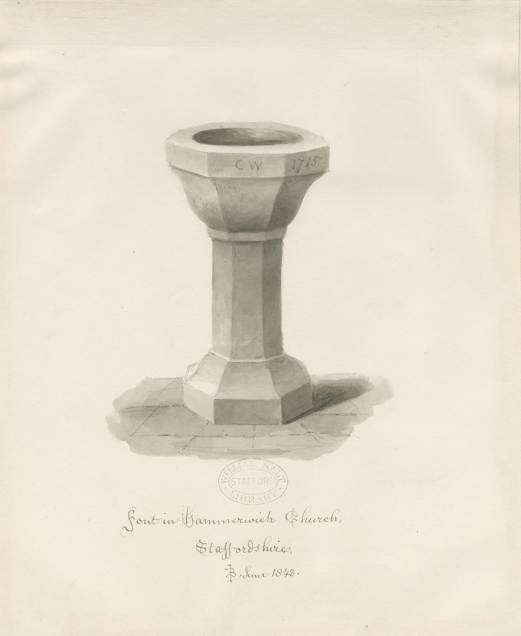 Font i Hammerwich Church: sepia-tegning, juni 1843 (tegning) av John Buckler