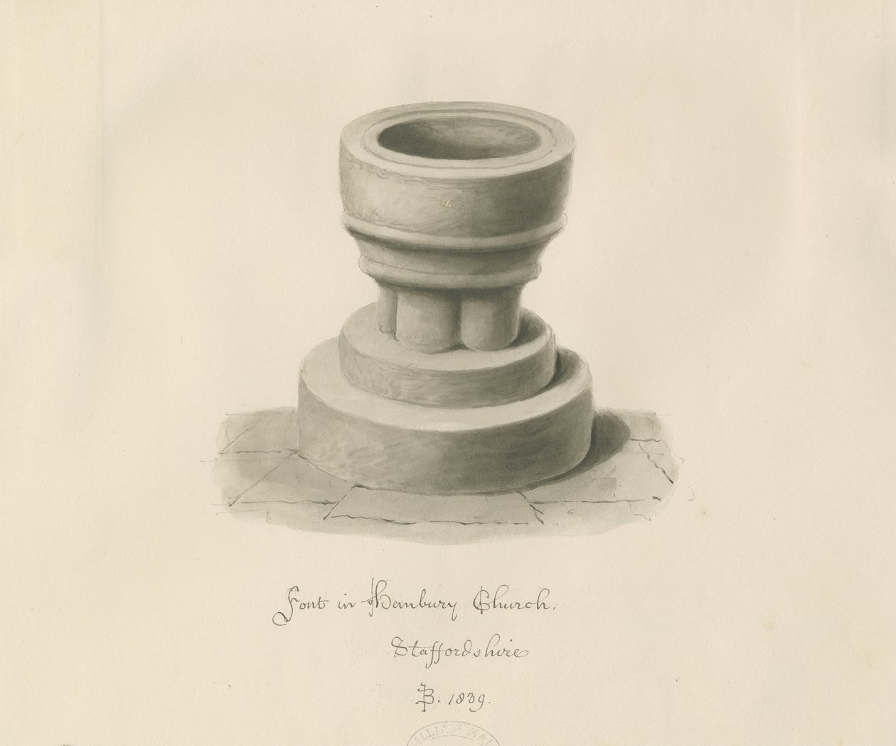 Font i Hanbury Church: sepia-tegning av John Buckler