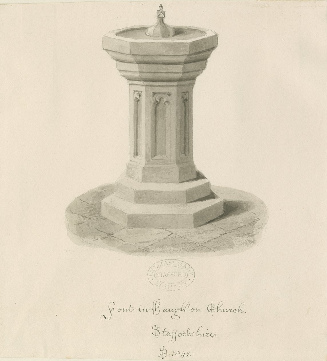 Font i Haughton Church: sepia-tegning av John Buckler