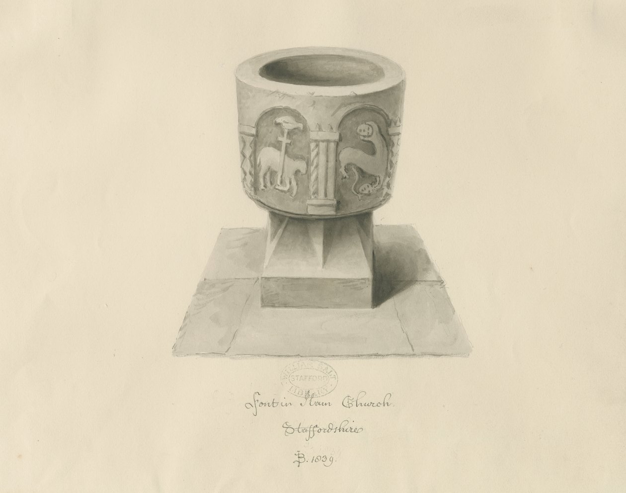 Font i Ilam kirke: sepia tegning av John Buckler