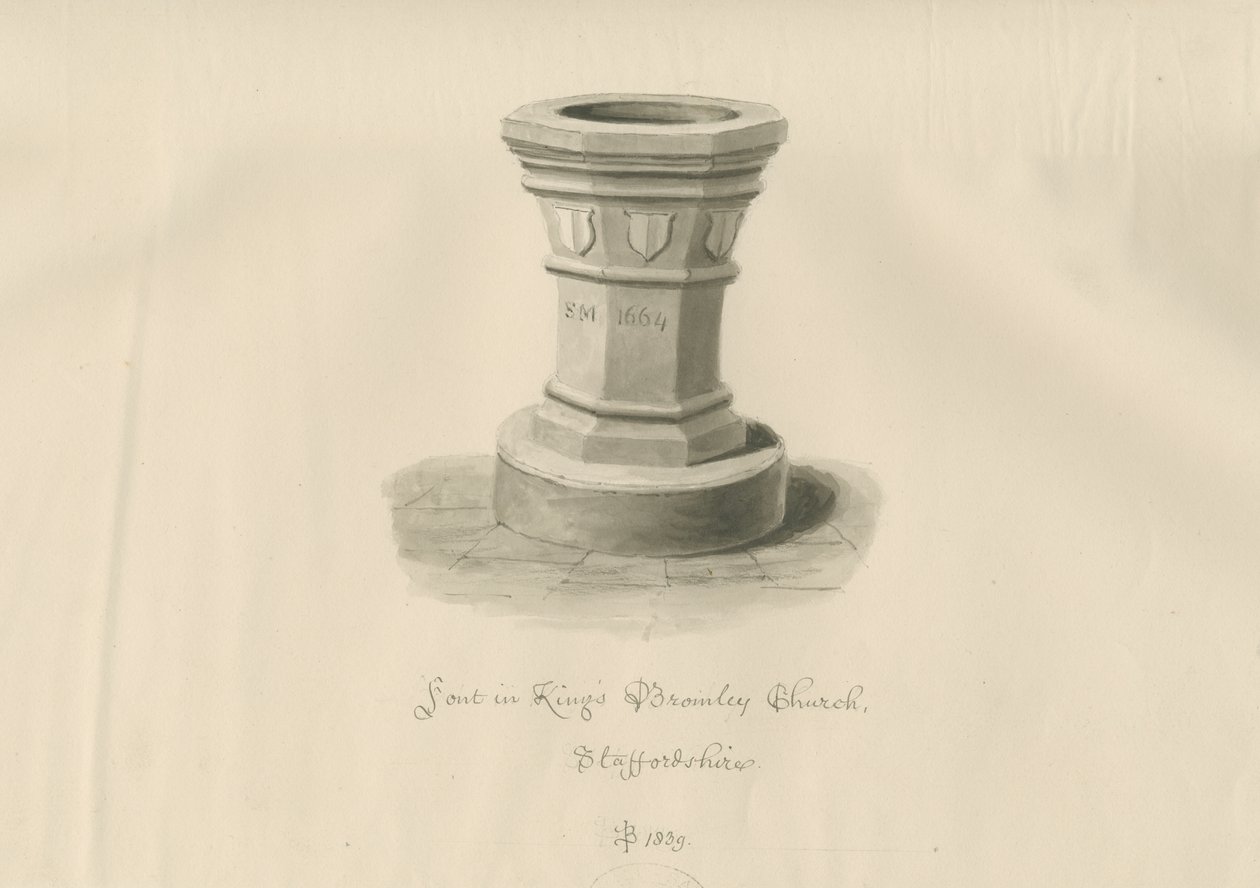 Font i Kings Bromley Church: sepia-tegning, 1839 av John Buckler