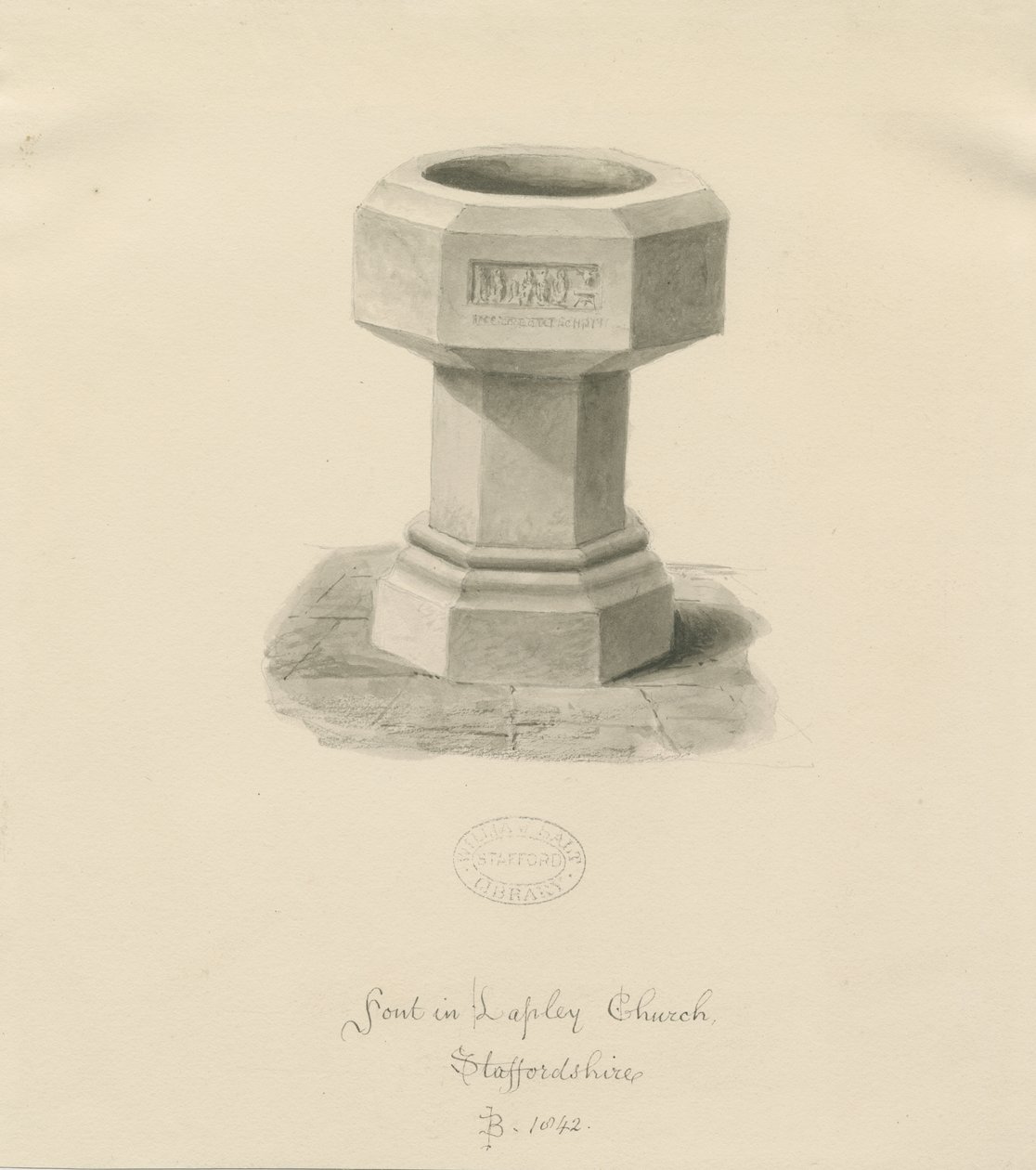 Font i Lapley Church: sepia vasketegning av John Buckler