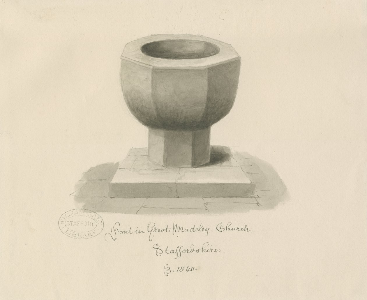Font i Madeley Church: sepia-tegning av John Buckler