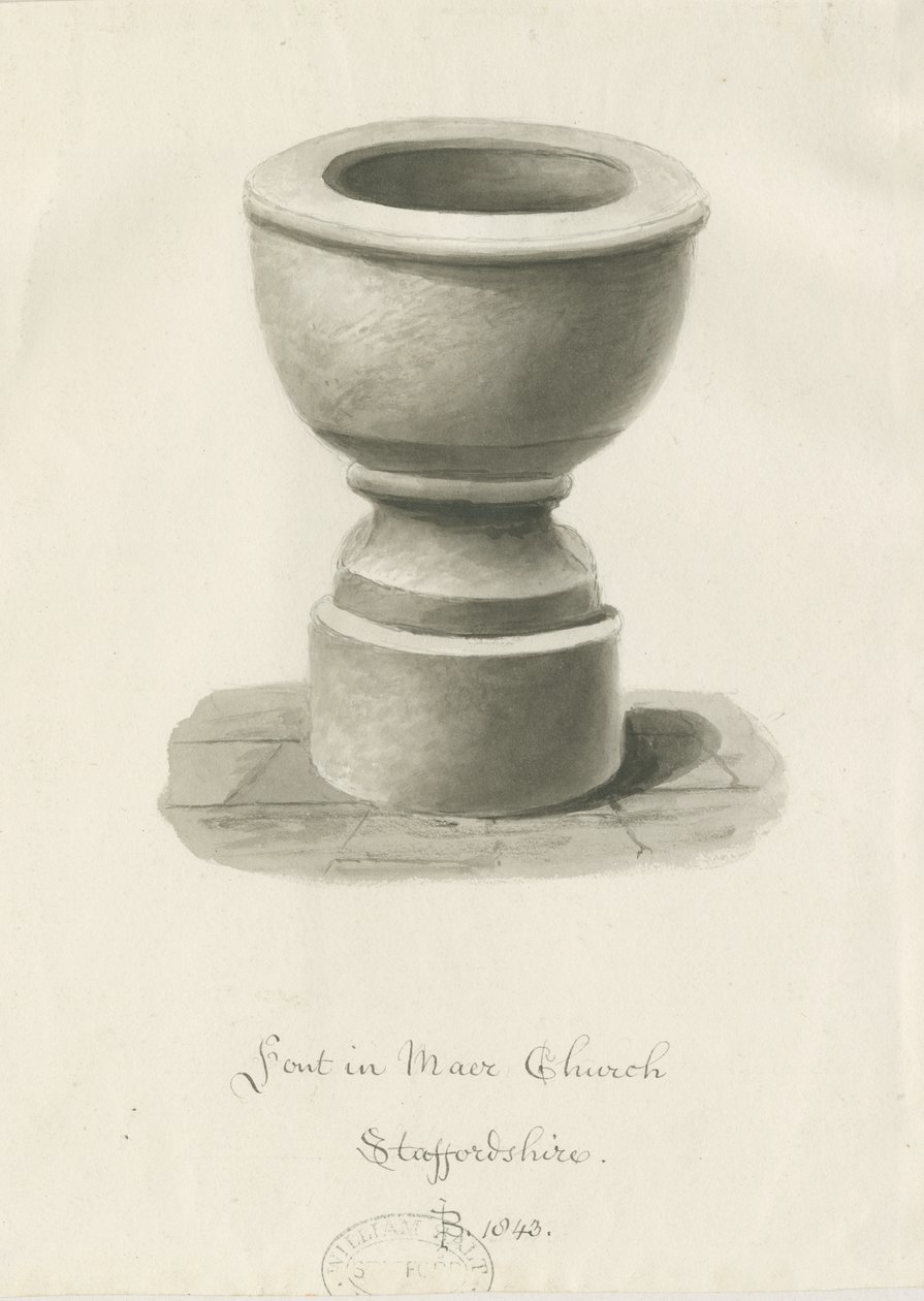 Font i Maer kirke: sepia-tegning av John Buckler