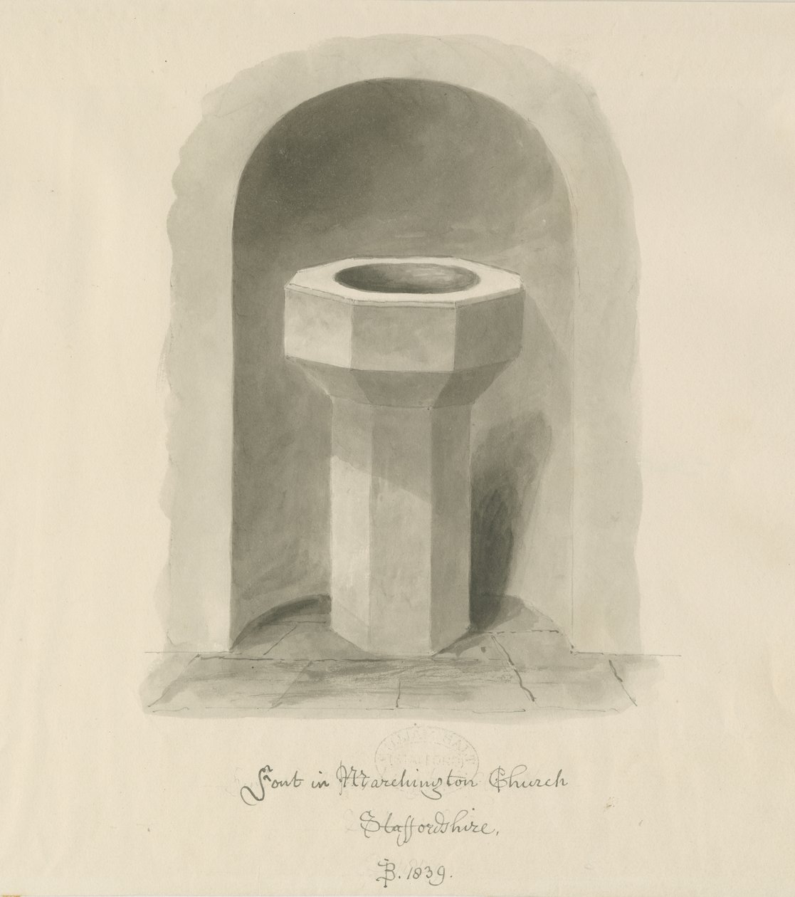 Font i Marchington Church: sepia vasketegning av John Buckler
