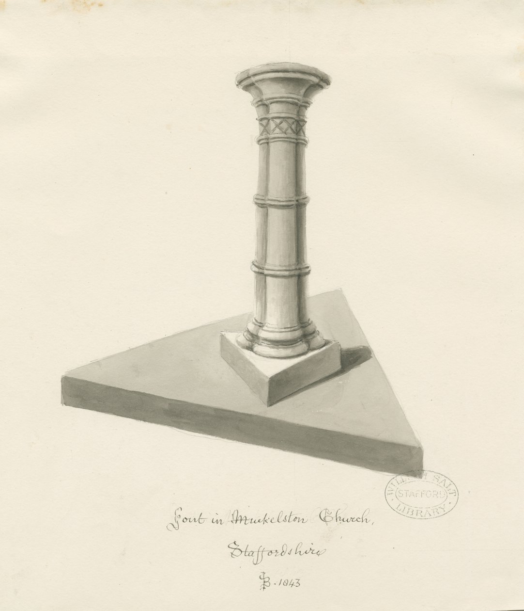 Font i Mucklestone Church: sepia vasketegning, 1843 av John Buckler