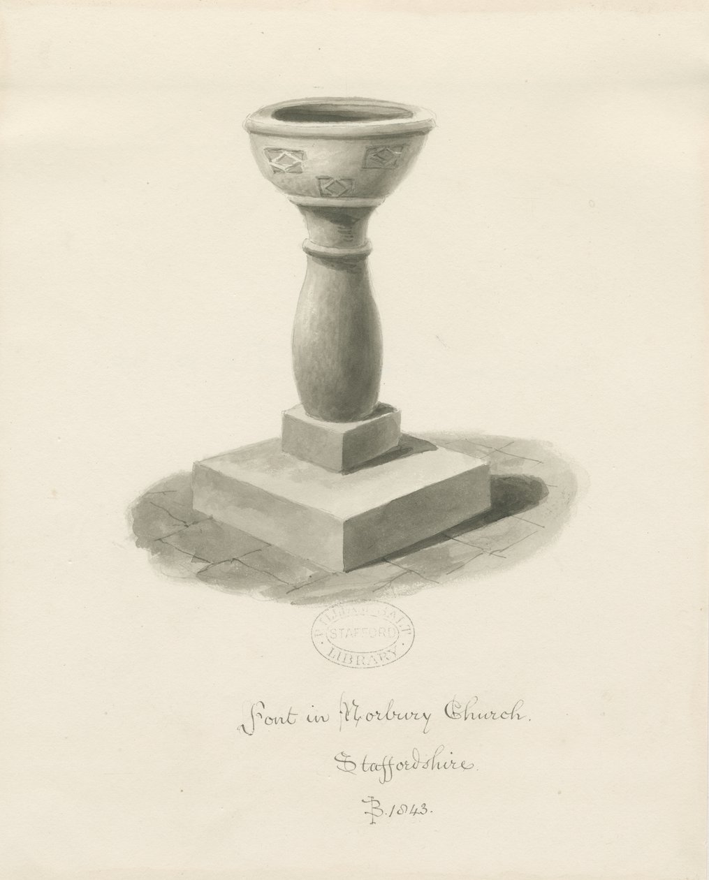 Font i Norbury Church: sepia vasketegning av John Buckler