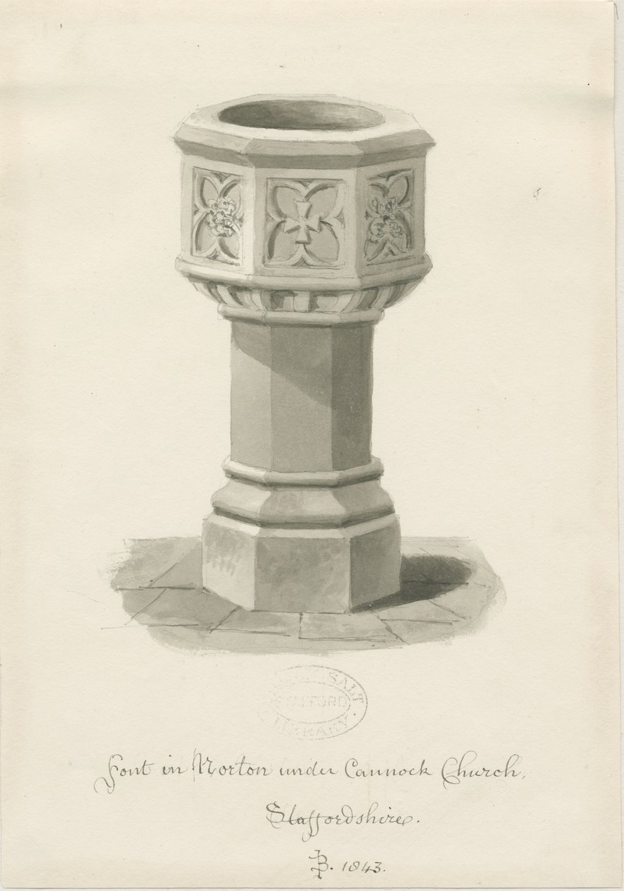 Font i Norton Canes Church: sepia vasketegning, 1843 av John Buckler