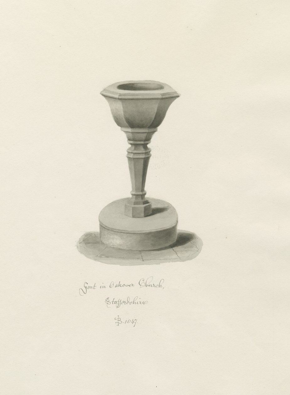 Font i Okeover Church: sepia-tegning av John Buckler