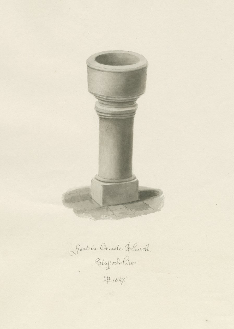 Font i Onecote Church: sepia-tegning, 1847 av John Buckler