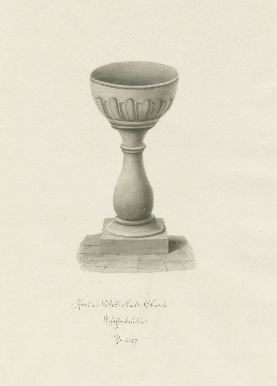 Font i Patshull kirke: sepia-tegning av John Buckler