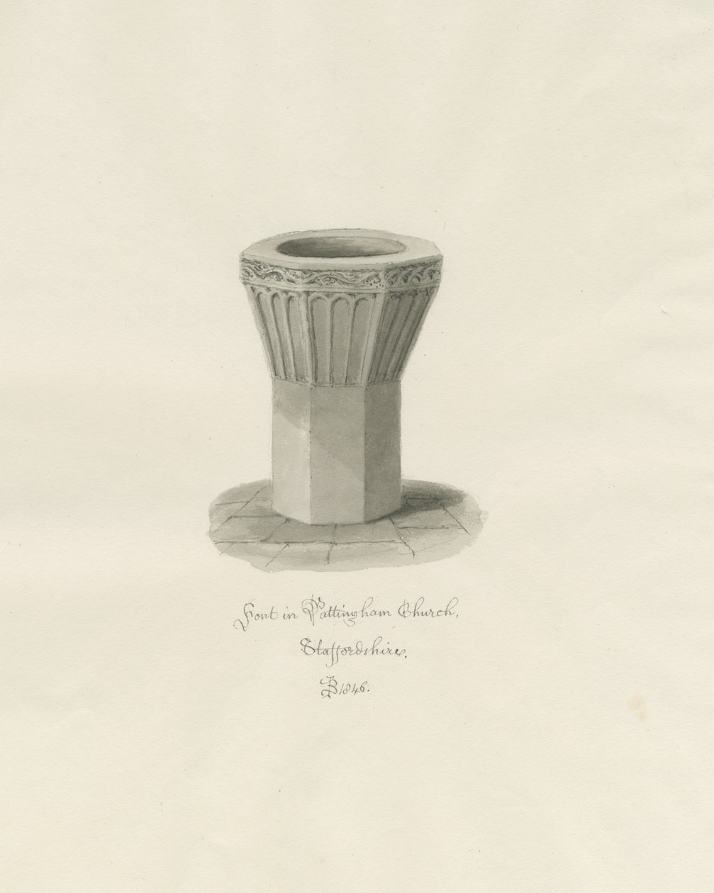 Font i Pattingham Church: sepia vasketegning, 1846 av John Buckler