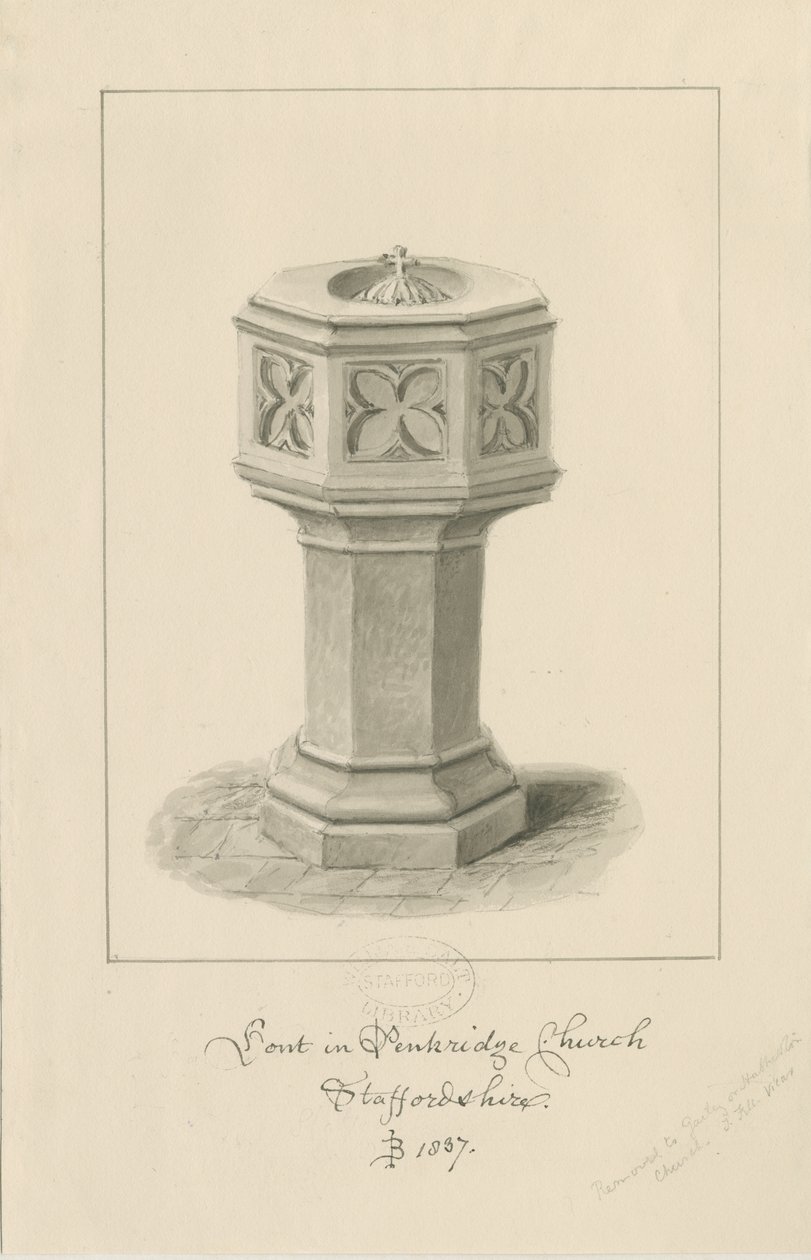 Font i Penkridge Church: sepia-tegning av John Buckler