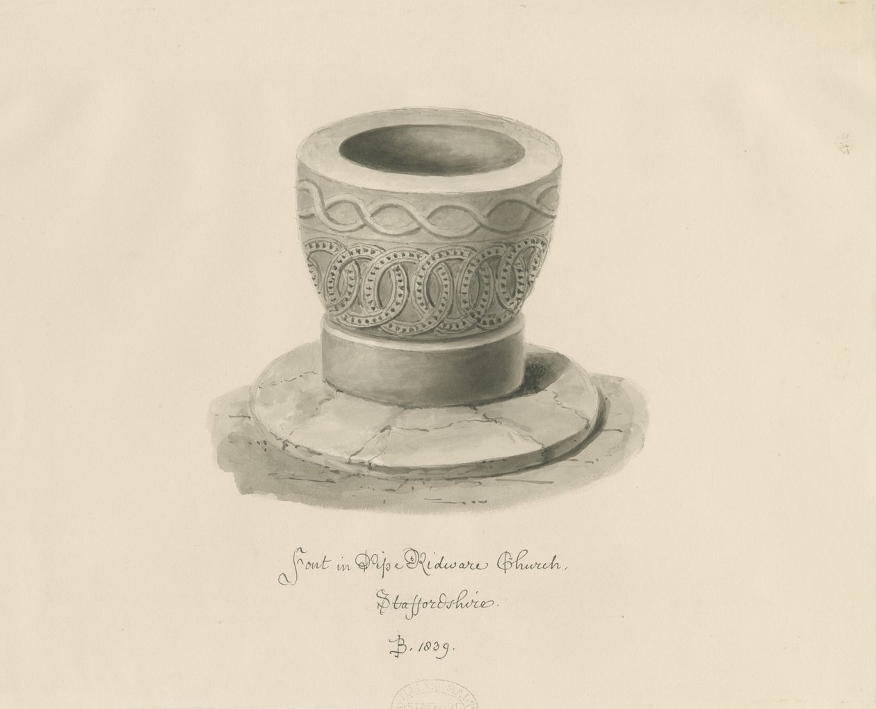 Font i Pipe Ridware Church: sepia-tegning av John Buckler