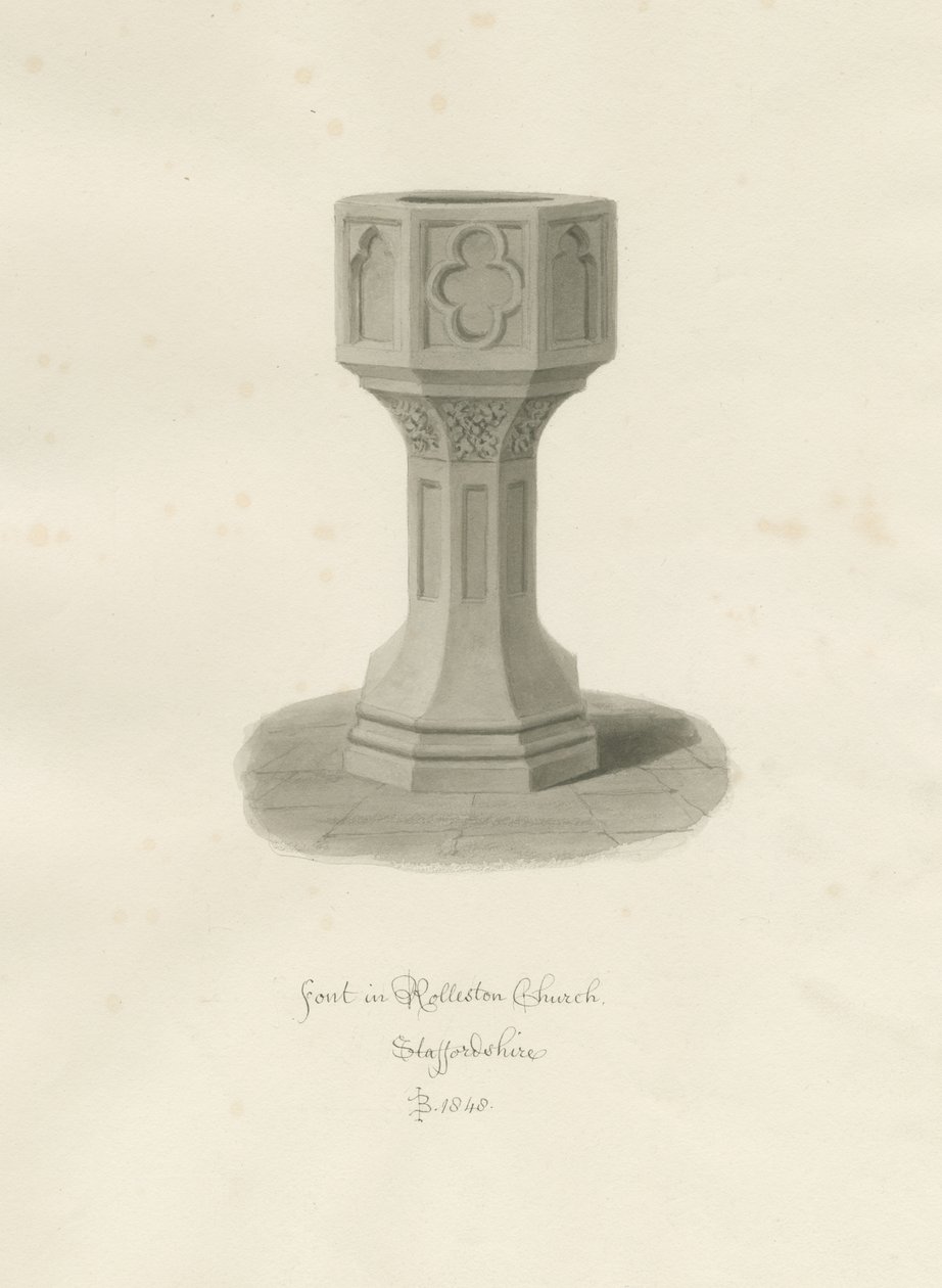 Font i Rolleston Church: sepia-tegning, 1848 av John Buckler