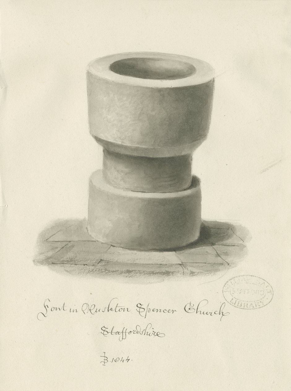 Font i Rushton Spencer Church: sepia vasketegning av John Buckler