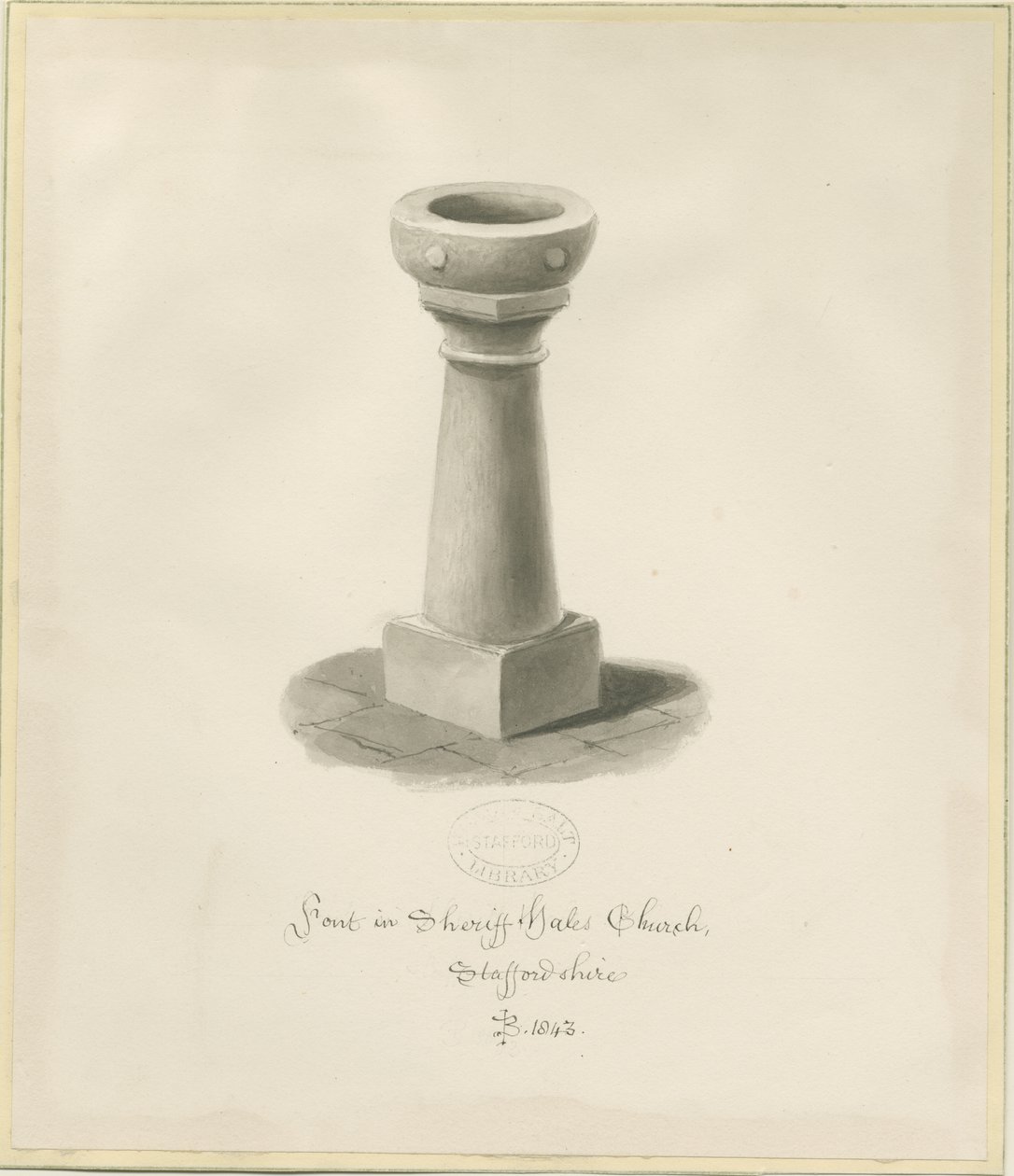 Font i Sheriffhales Church: sepia-tegning av John Buckler