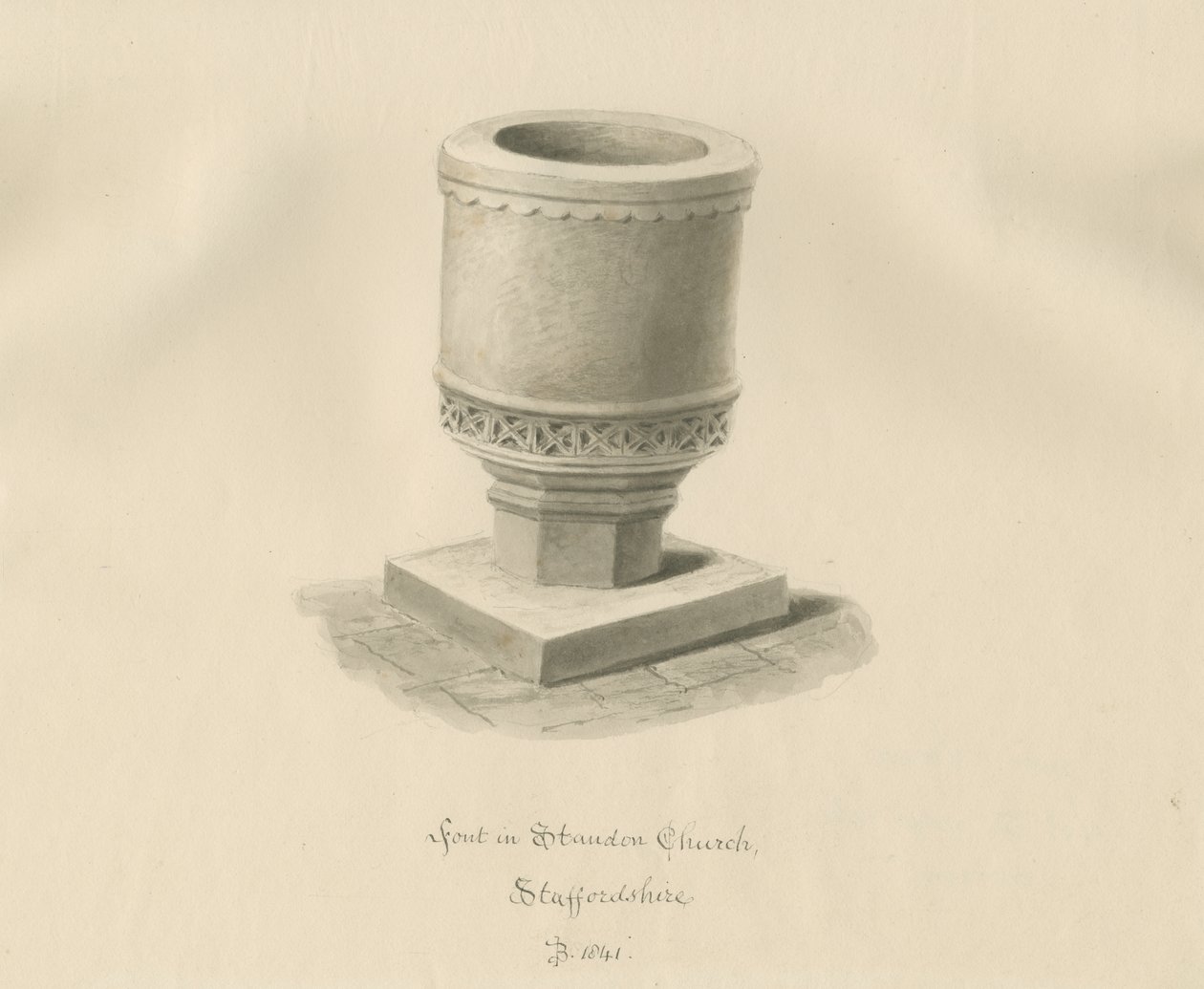 Font i Standon Church: sepia-tegning av John Buckler