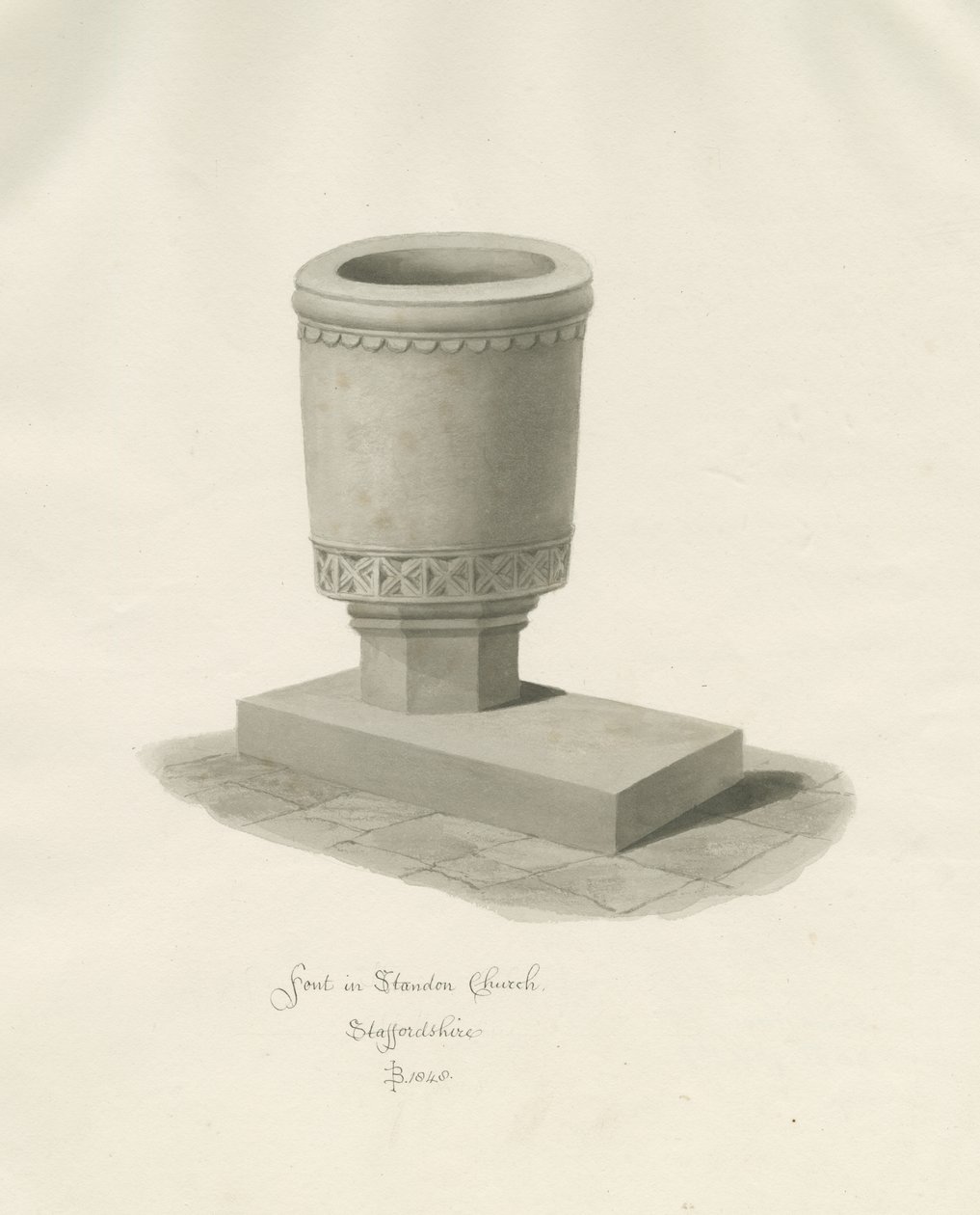 Font i Standon Church: sepia-tegning av John Buckler
