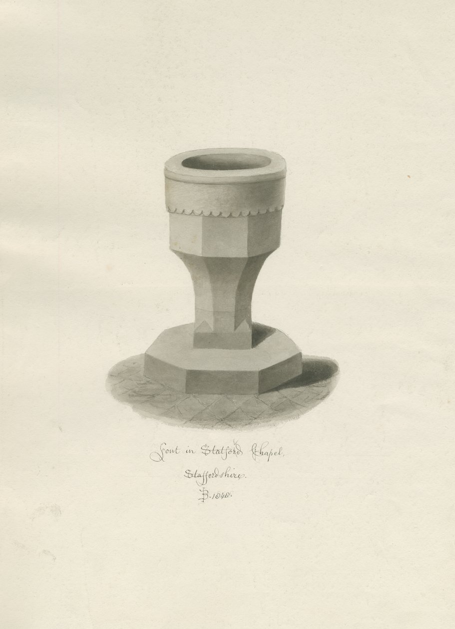 Font i Statfold kapell: sepia-tegning, 1848 av John Buckler