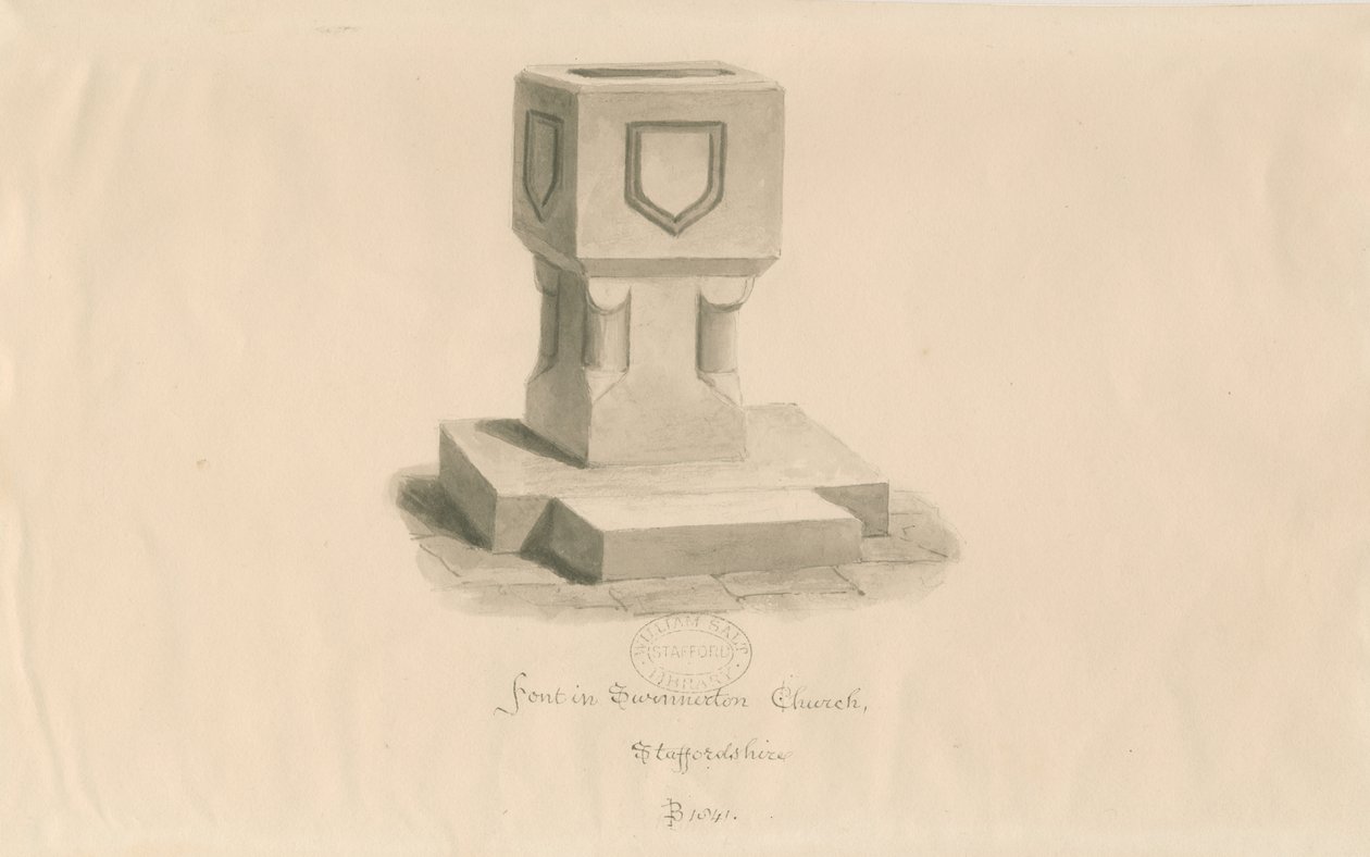 Font i Swynnerton Church: sepia-tegning av John Buckler
