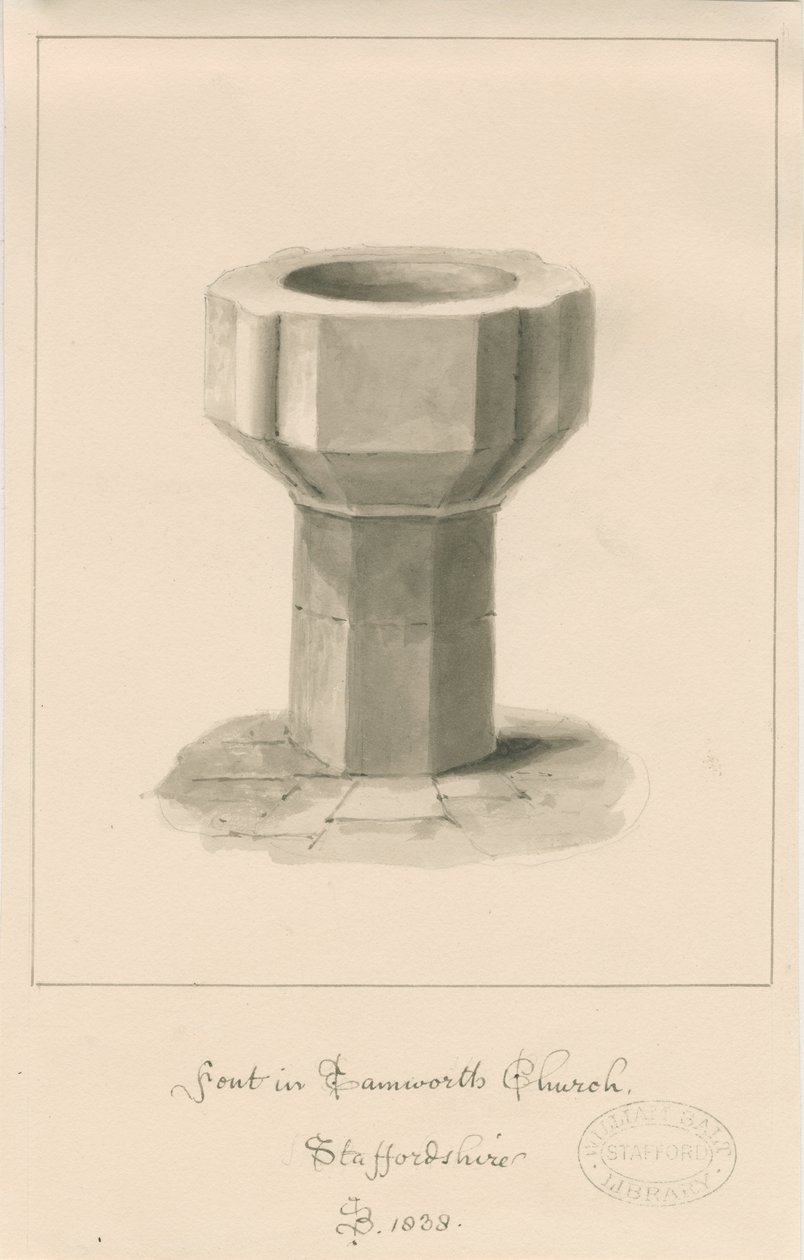 Font i Tamworth Church: sepia-tegning av John Buckler