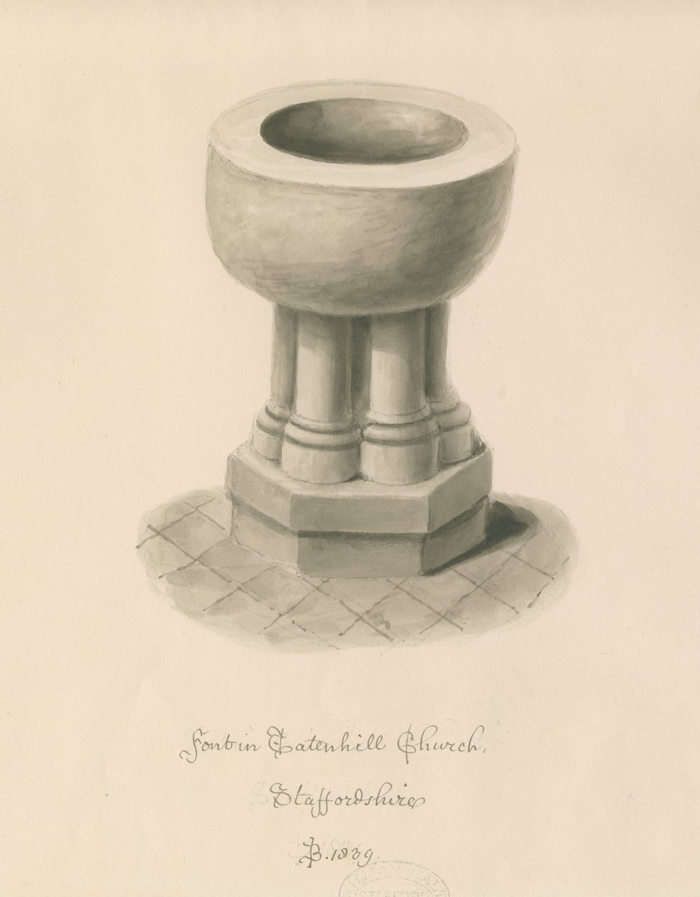 Font i Tatenhill Church: sepia vasketegning av John Buckler