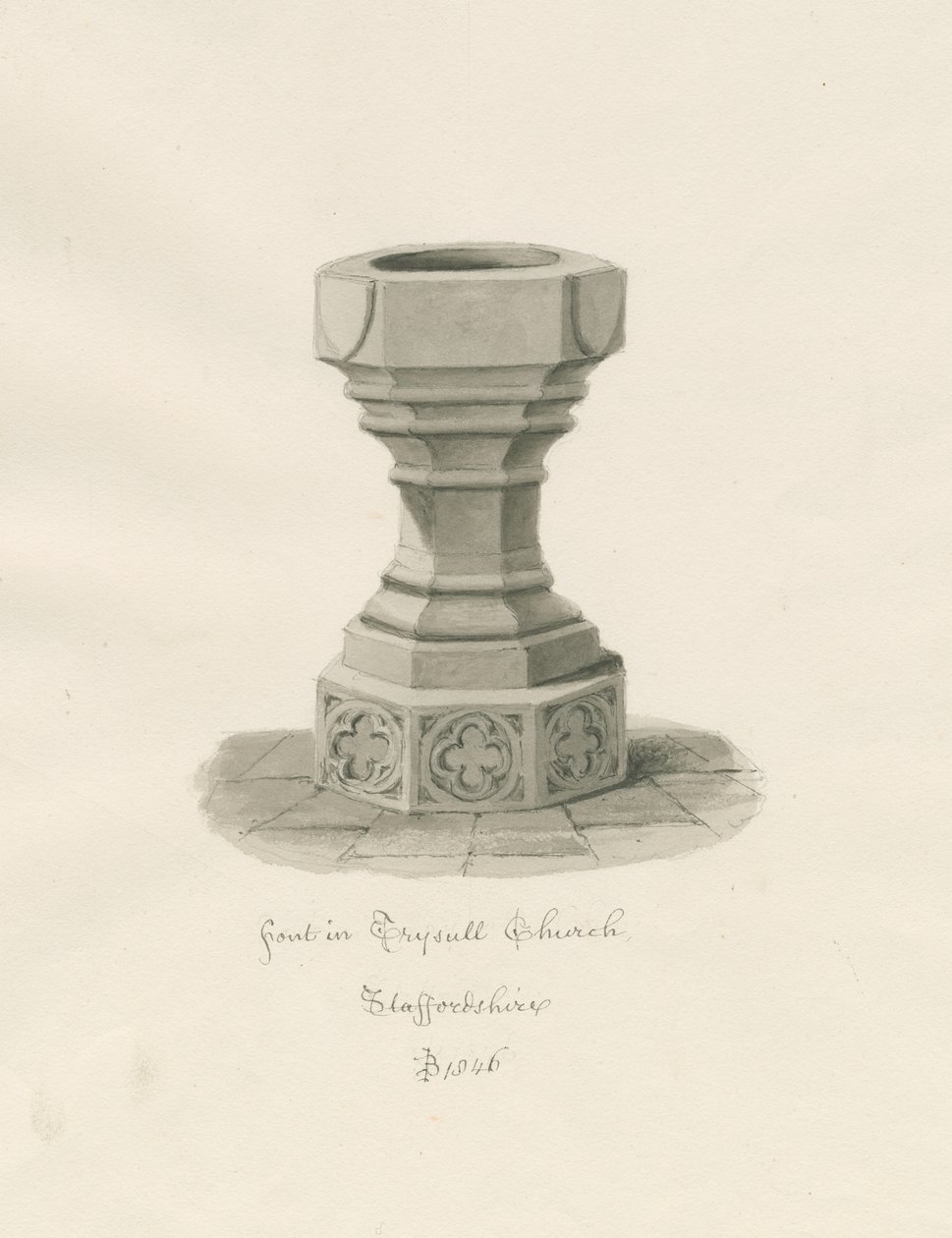Font i Trysull kirke: sepiavask tegning av John Buckler