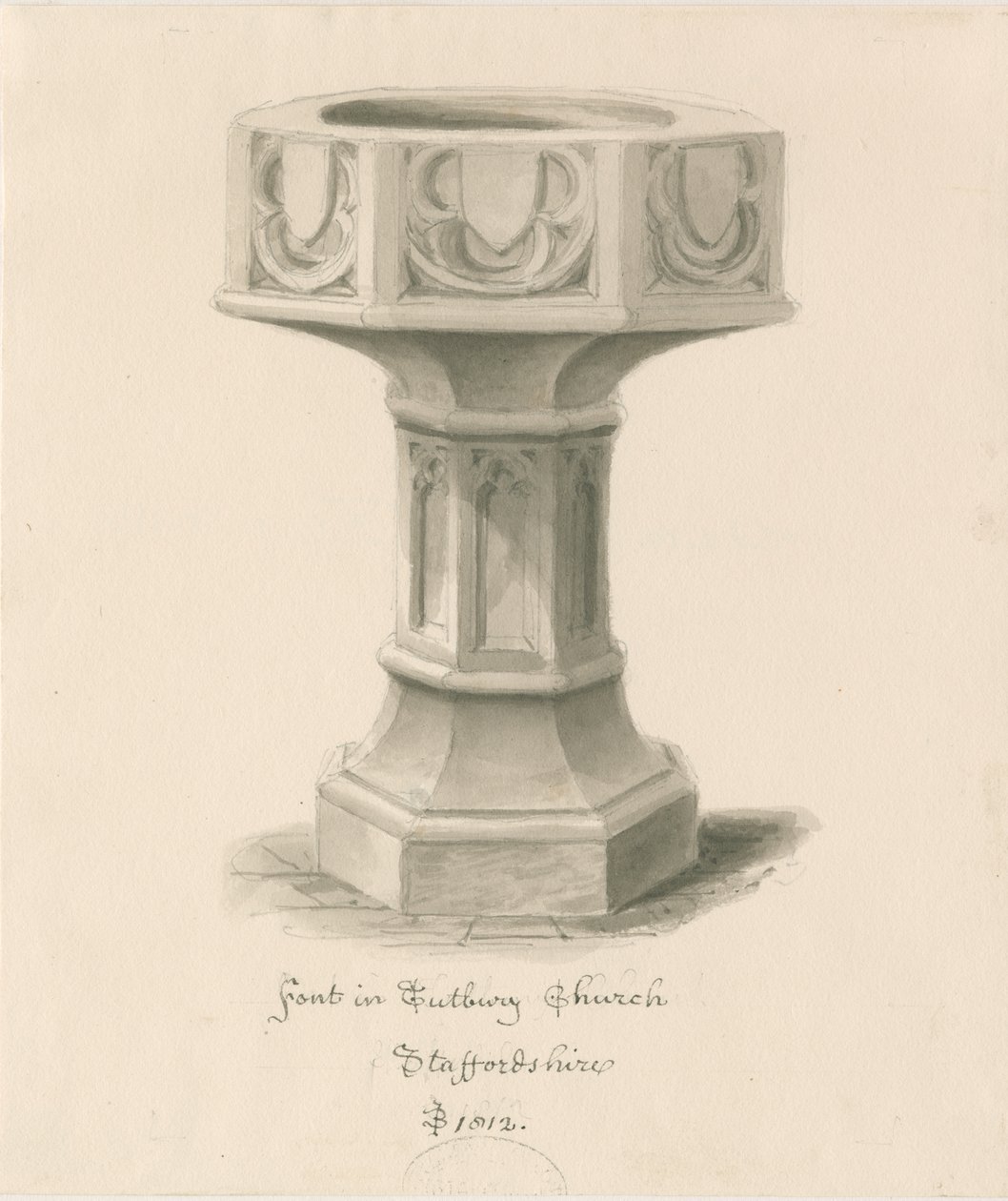 Font i Tutbury Priory Church: sepia vasketegning av John Buckler