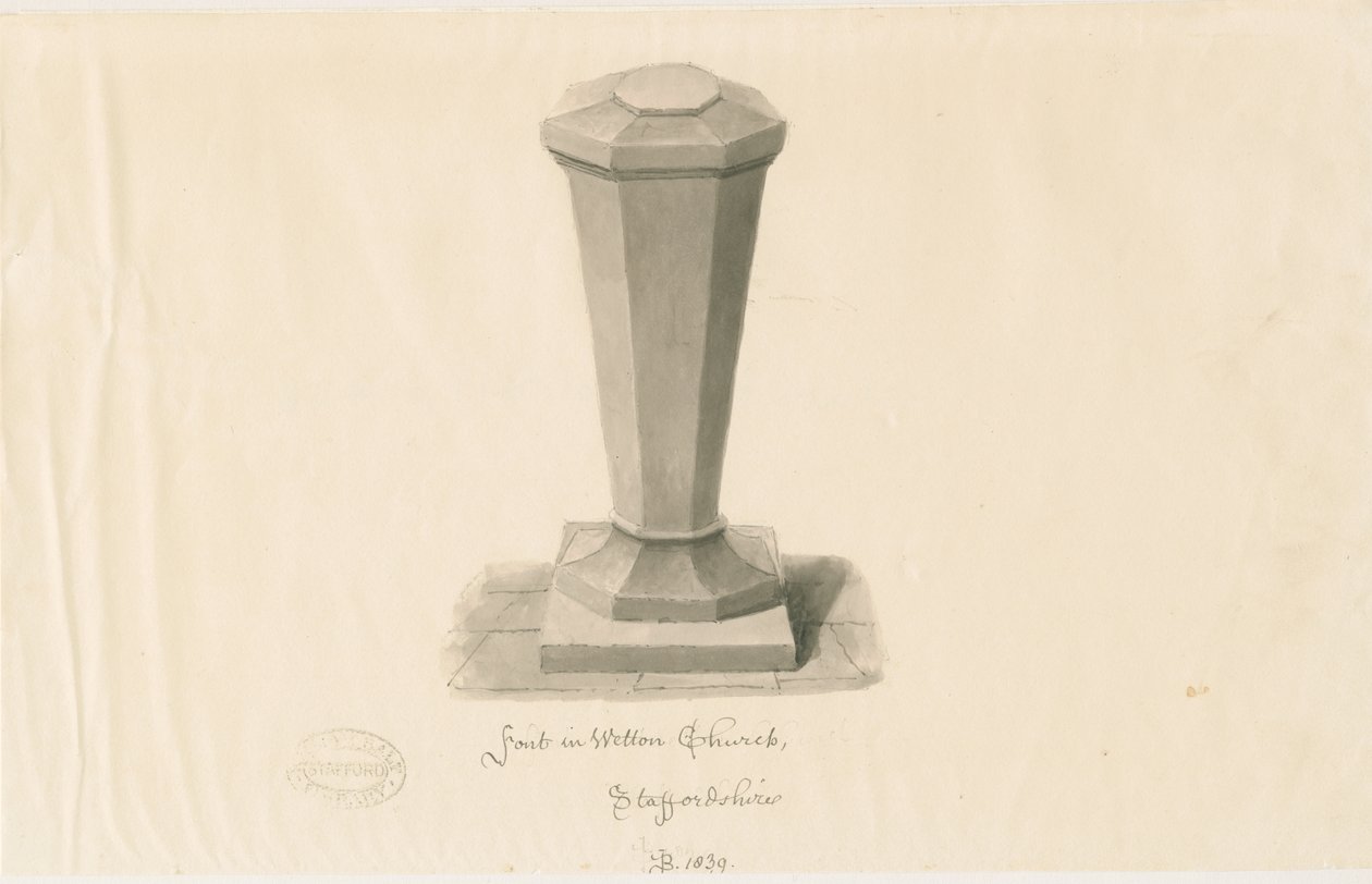Font i Wetton Church: sepia-tegning, 1839 av John Buckler