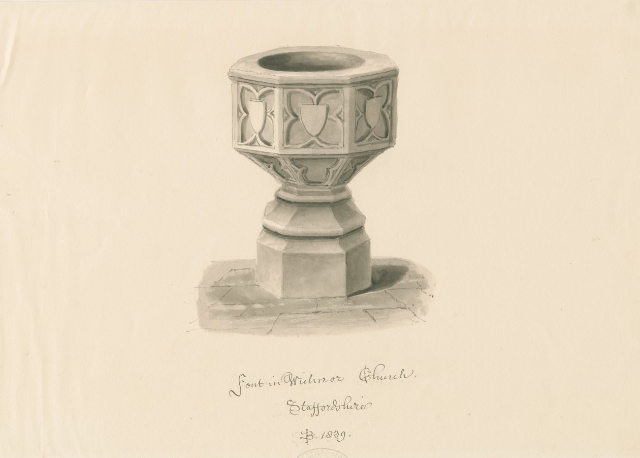 Font i Wichnor kirke: sepia-tegning av John Buckler