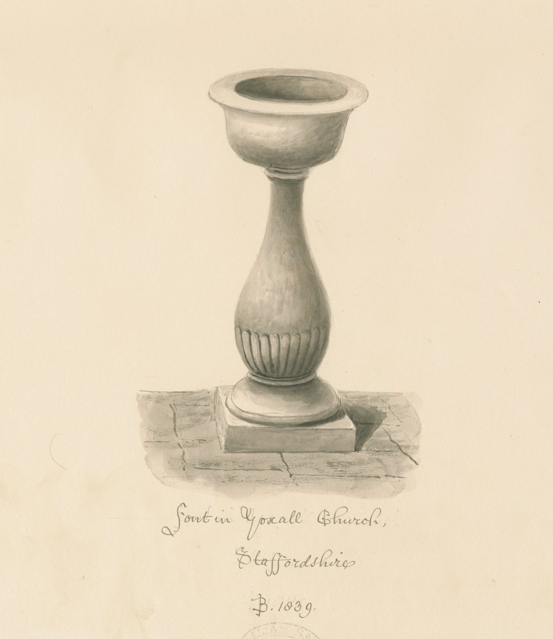 Font i Yoxall Church: sepia-tegning, 1839 av John Buckler