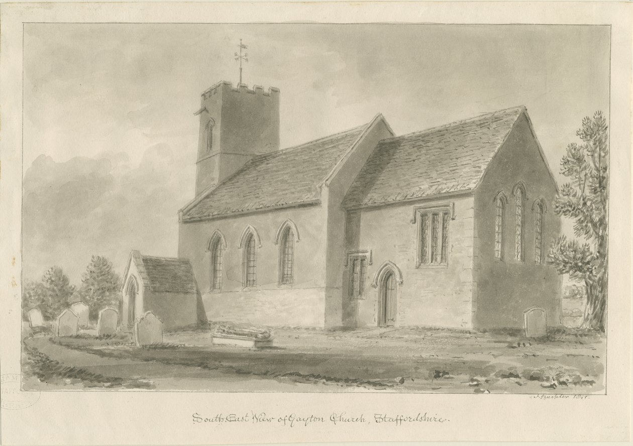 Gayton Church: sepia-tegning, 1841 av John Buckler