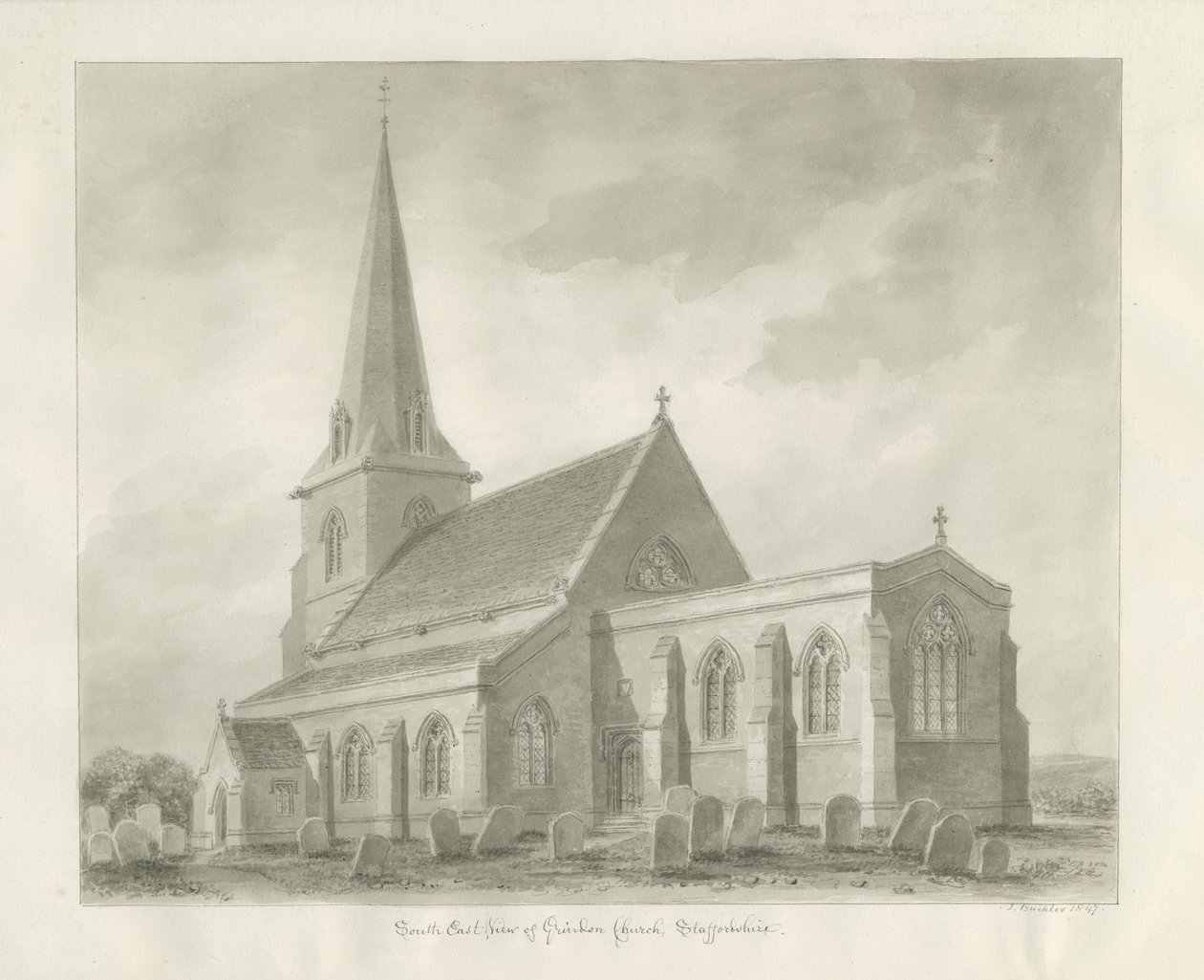 Grindon Church: sepia-tegning av John Buckler