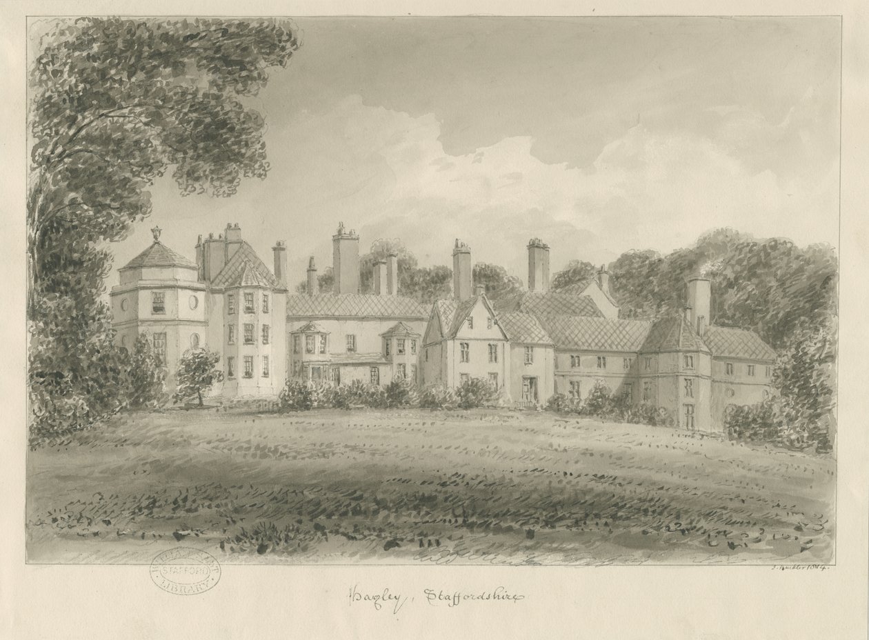 Hagley Hall: sepia-tegning, 1814 av John Buckler
