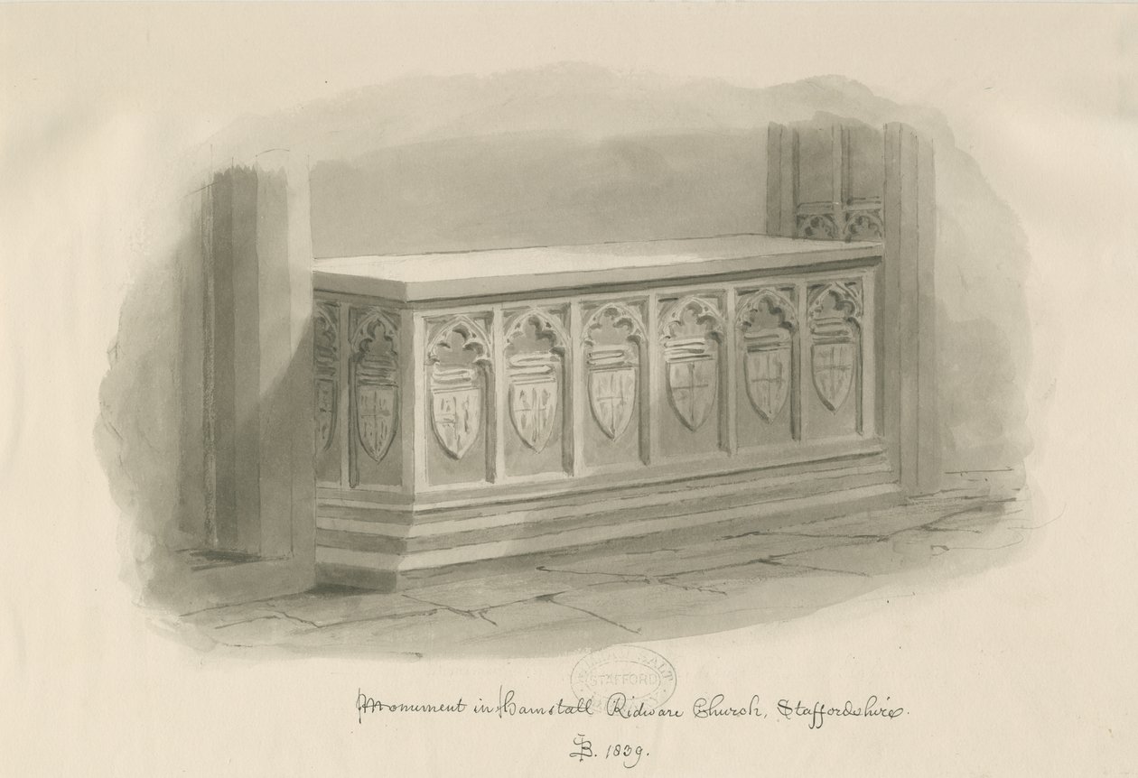 Hamstall Ridware Church - Monument: sepia vasketegning, 1839 av John Buckler