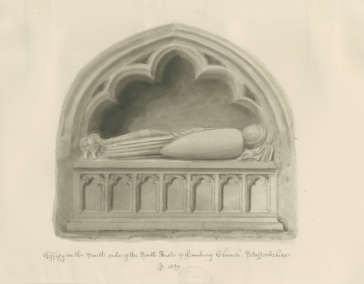 Hanbury Church - Effigy [av Sir John Hanbury]: sepia-tegning av John Buckler