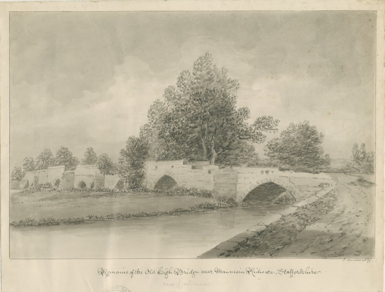 Handsacre - Old High Bridge: sepia-tegning, 1839 av John Buckler