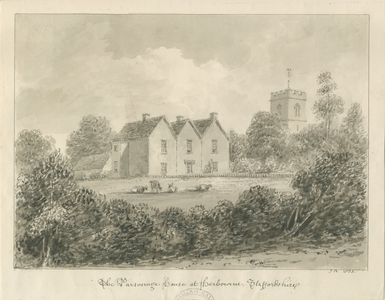 Harborne - Prestehus: sepia-tegning, 1833 av John Buckler