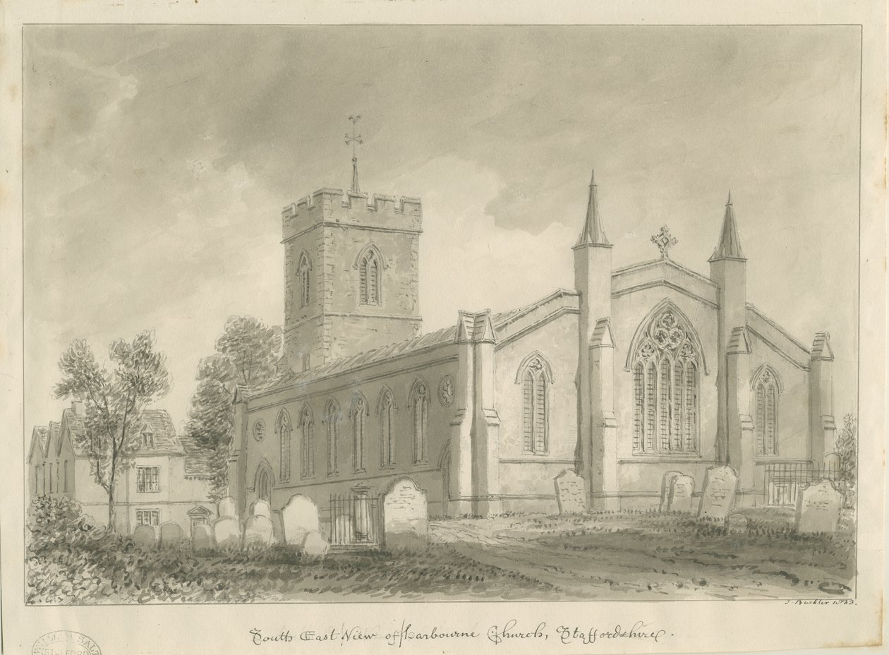 Harborne Church: sepia-tegning av John Buckler